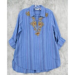 Soft Surroundings Blouse Womens Medium Striped Wearable Art Beaded Boho Relaxed